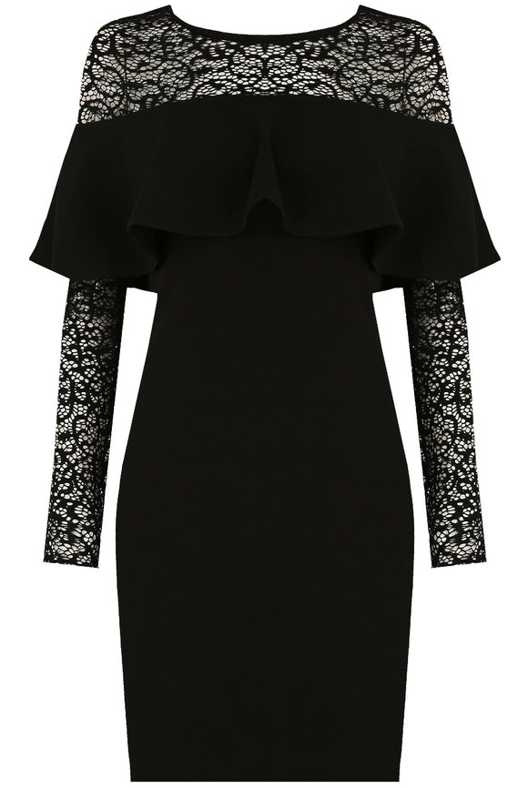 Bardot Frill Lace Midi Dress - Black